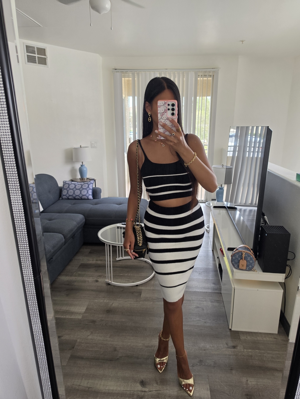 Skirt and crop top set with marine stripes, black and white, tight, stretchy,